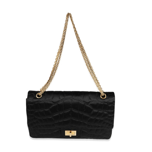 CHANEL Black Crocodile Stitch Satin Reissue 2 55 227 Double Flap Bag