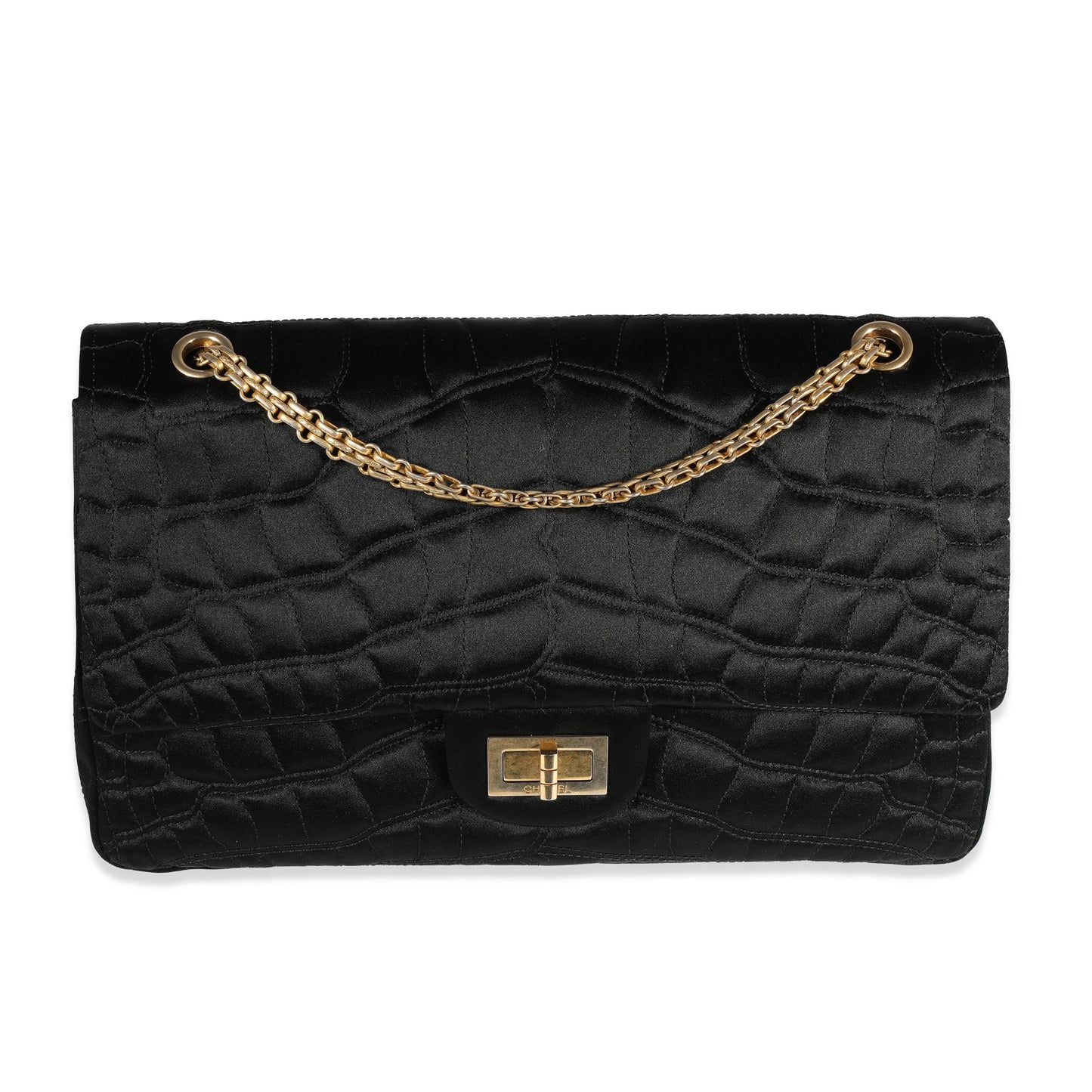 CHANEL Black Crocodile Stitch Satin Reissue 2 55 227 Double Flap Bag