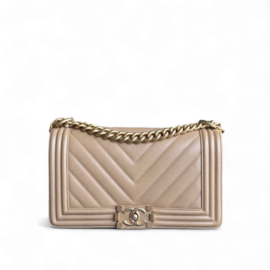 Chanel Boy Medium - Caviar 25CM Chevron Grained Calfskin Beige Gold Hardware Series 25