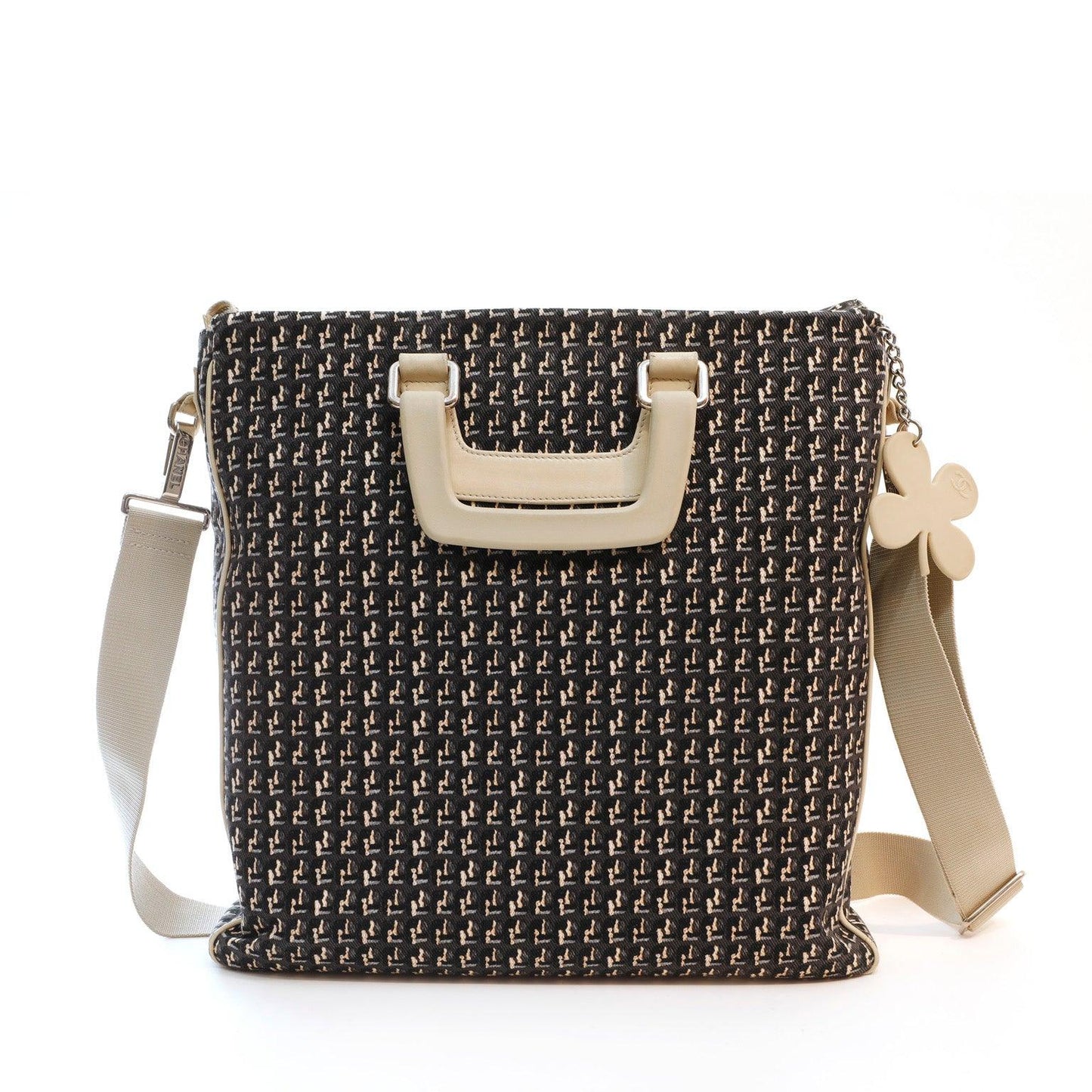Chanel Black Beige Canvas Tote w Clover Charm