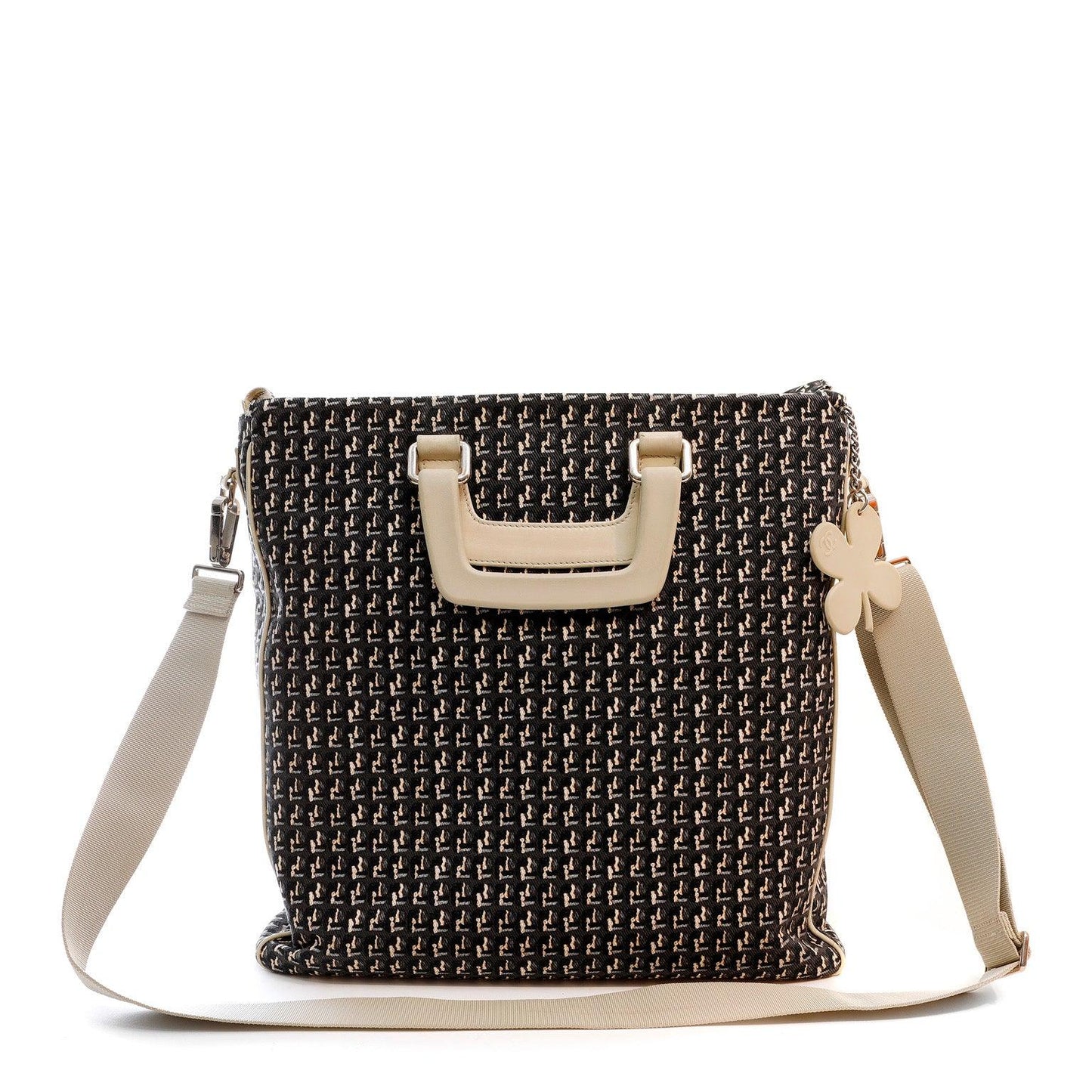 Chanel Black Beige Canvas Tote w Clover Charm