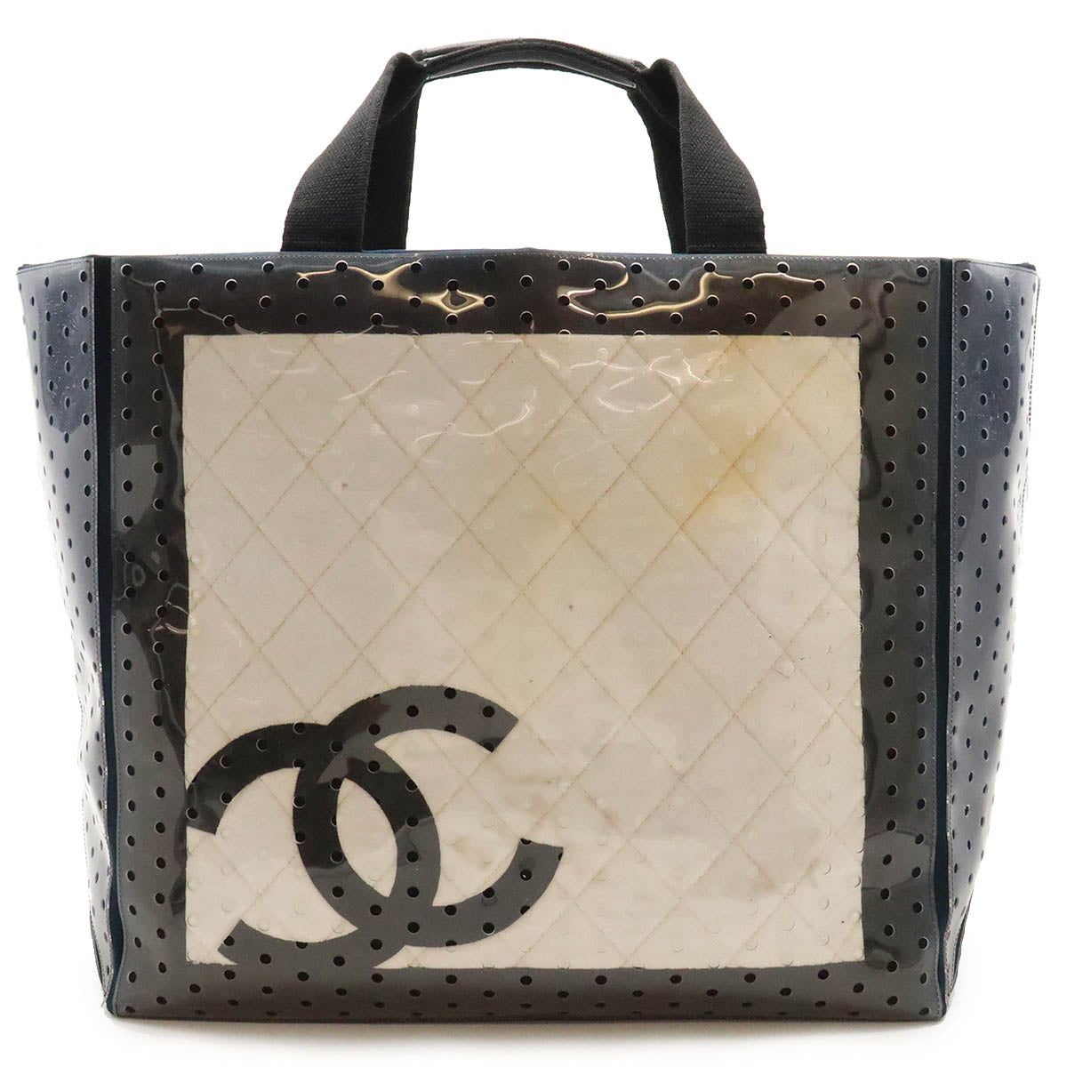 Chanel Sports Line Coco Punching Large Tote Bag 2way Vinyl Canvas Navy White