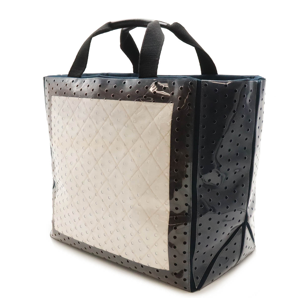 Chanel Sports Line Coco Punching Large Tote Bag 2way Vinyl Canvas Navy White