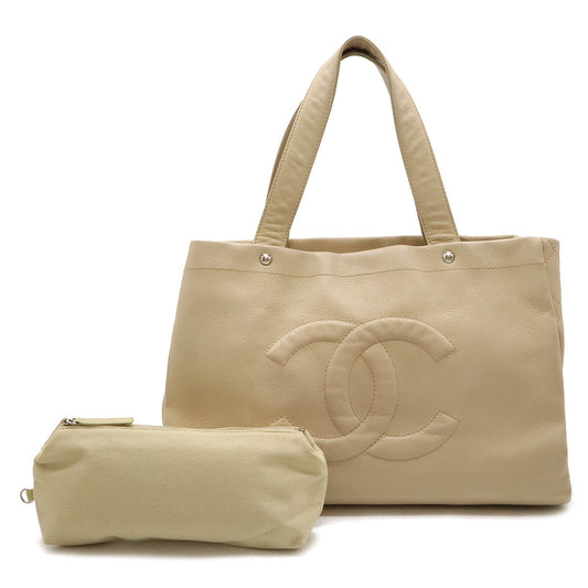 Chanel Caviar Skin Coco 2way Tote Bag Light Beige Silver Hardware