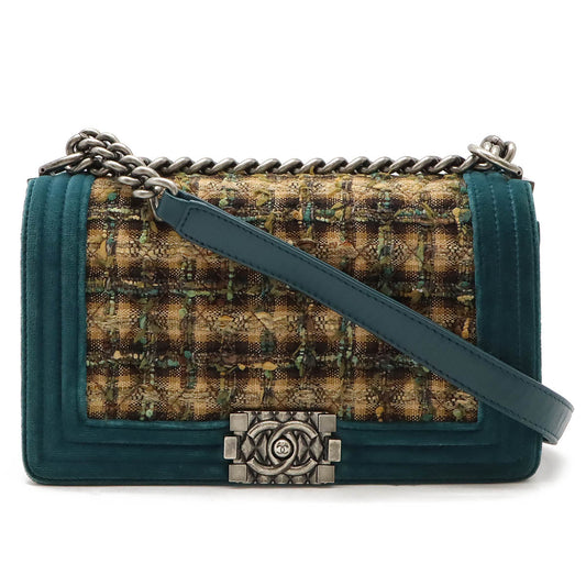 Chanel Velour Tweed Boy Chanel Chain Shoulder Bag Brown Multicolor/Green A67775