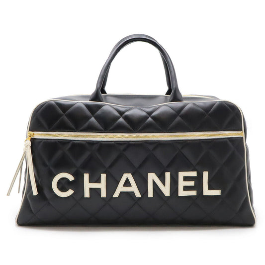 Chanel Leather Matelasse Bowling Bag Boston Travel Bag Black White