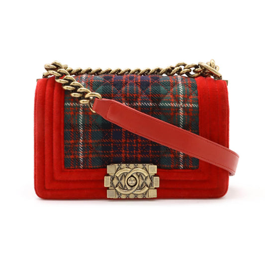 Chanel Velour Matelasse Boy Chanel Check Chain Shoulder Bag Red Green Classic Flap