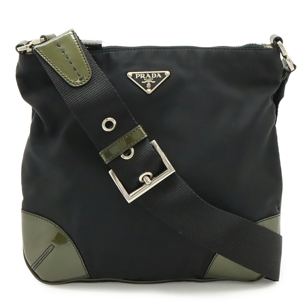 Prada Triangle Logo Nylon Patent Leather Shoulder Bag