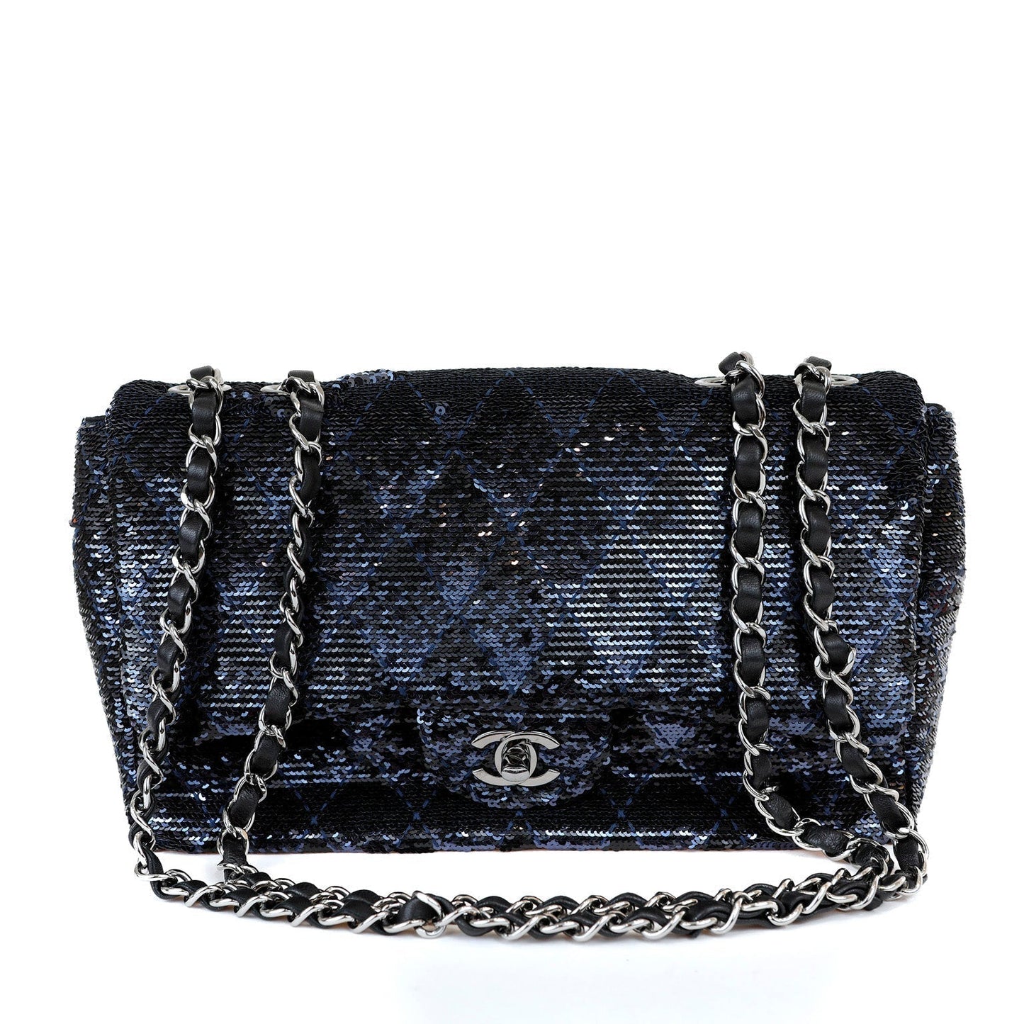 Chanel Black Navy Sequin Classic Flap Bag w Silver Hardware