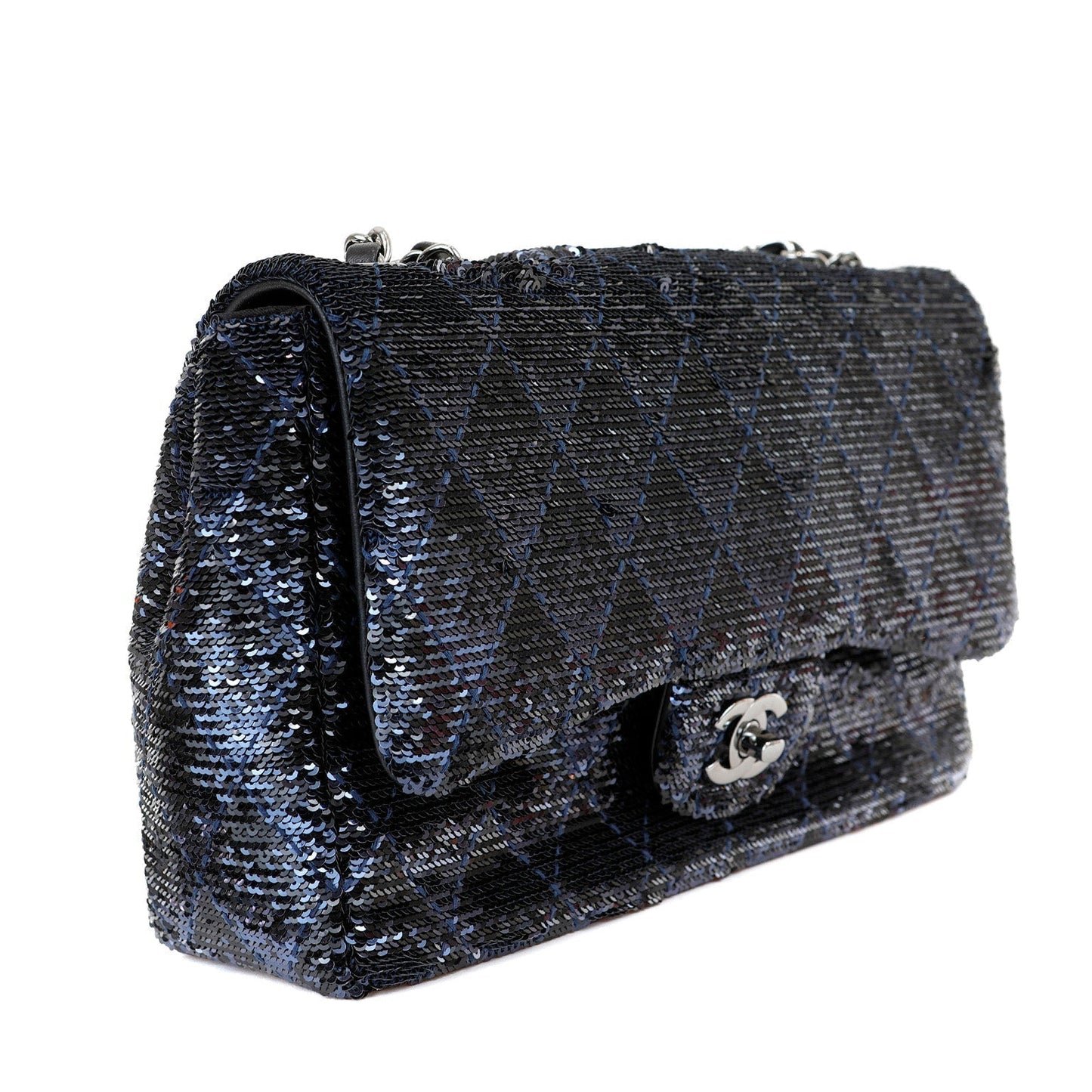 Chanel Black Navy Sequin Classic Flap Bag w Silver Hardware
