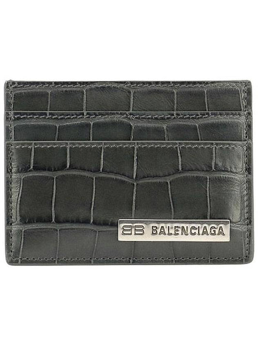 Luxury Balenciaga Trending 2026 BB Logo Metal Tab Crocker Card Wallet Drak Grey
