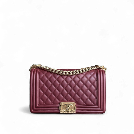 Chanel Boy Medium - 25CM Quilted Calfskin Burgundy Red Gold Hardware Series 23