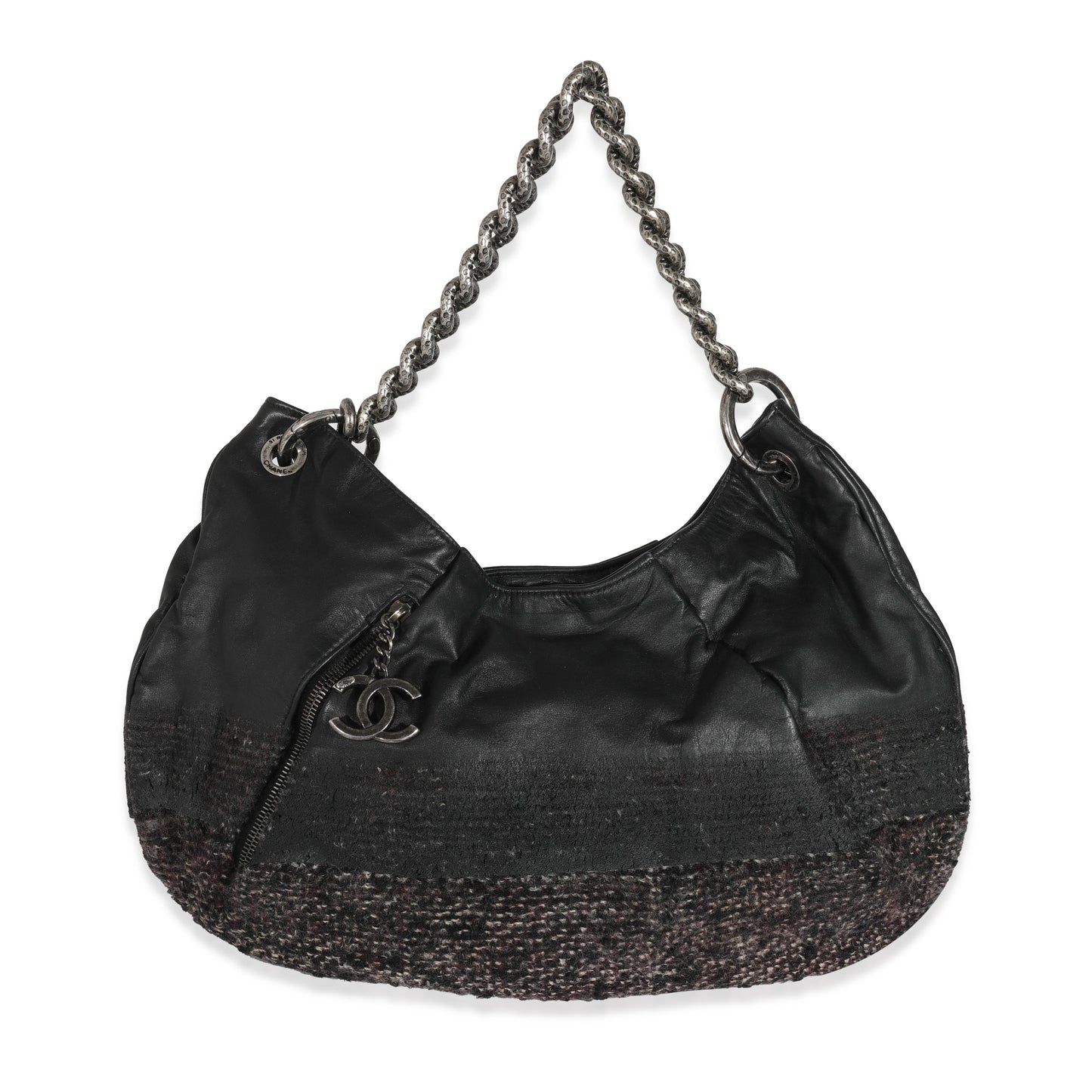 CHANEL Black Tweed Leather Coco Pleats Hobo