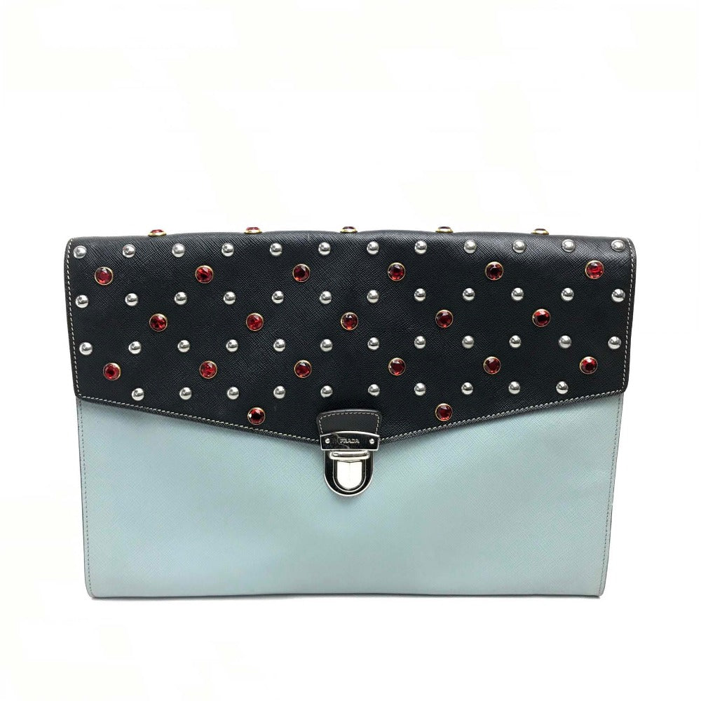 PRADA Clutch bag VR074C leather black Safiano Bijou x studs unisex(Unisex)