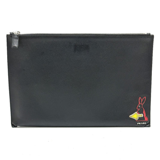 PRADA Clutch bag 2NG001 Safiano leather black logo rabbit mens