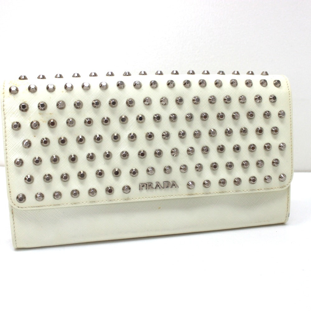 PRADA Long Wallet Purse leather white Wallet bag Studs Women