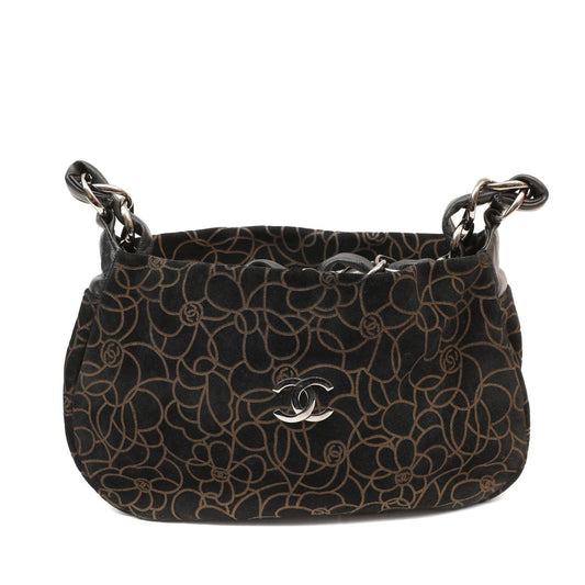 Chanel BlackxBrown Suede Shoulder Bag w Gold Camellias Silver Hardware