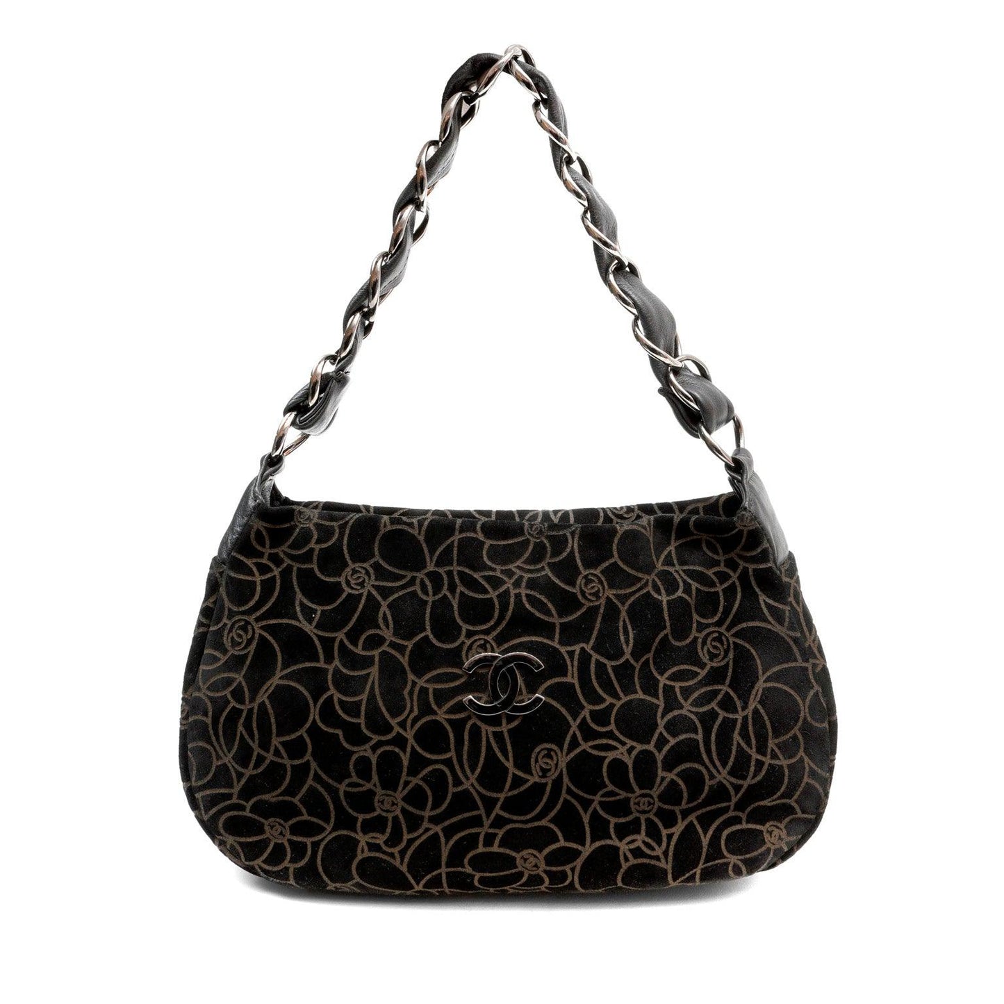 Chanel BlackxBrown Suede Shoulder Bag w Gold Camellias Silver Hardware