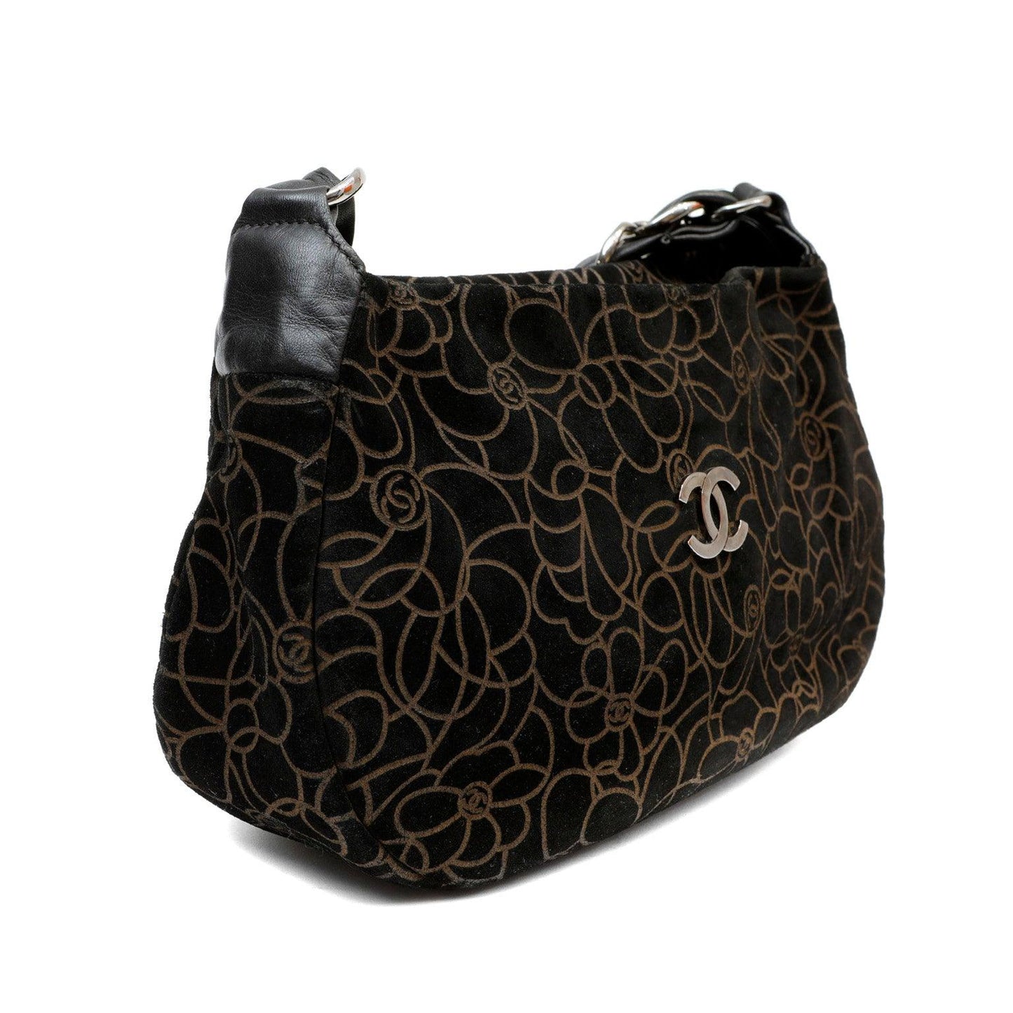 Chanel BlackxBrown Suede Shoulder Bag w Gold Camellias Silver Hardware