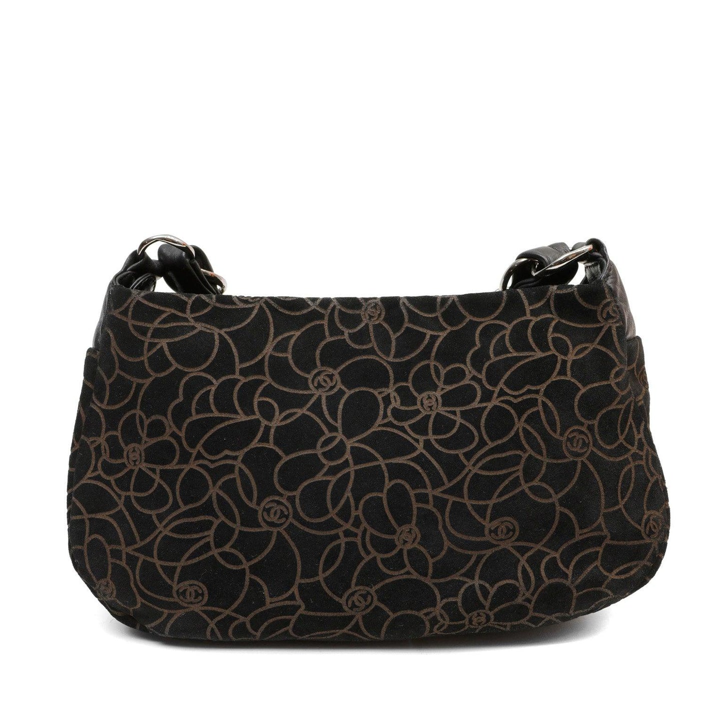 Chanel BlackxBrown Suede Shoulder Bag w Gold Camellias Silver Hardware