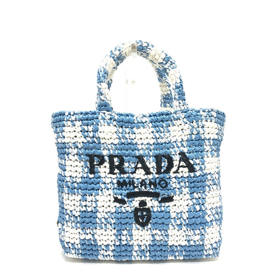 PRADA Tote Bag 1BG422 Raffia blue Small Crochet Women