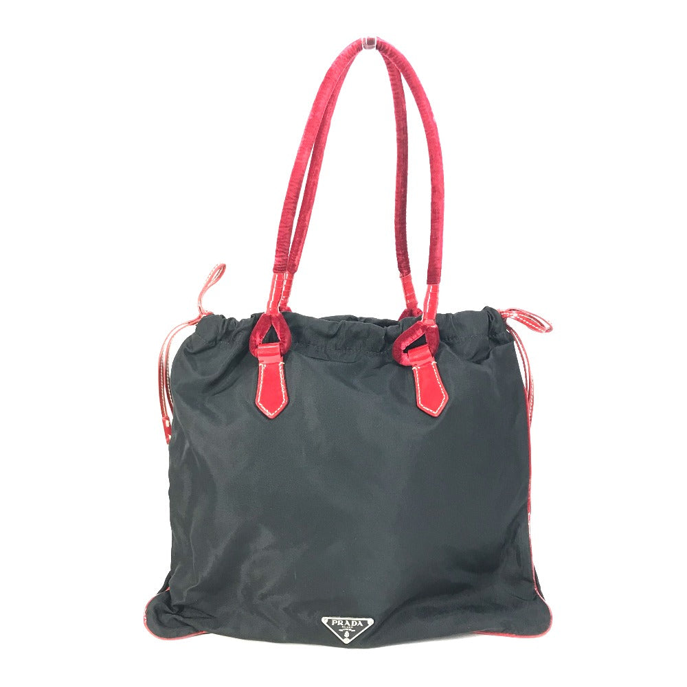 PRADA Handbag Patent leather, nylon, velour black By color logo drawstring bag triangle logo triangular logo plate Women
