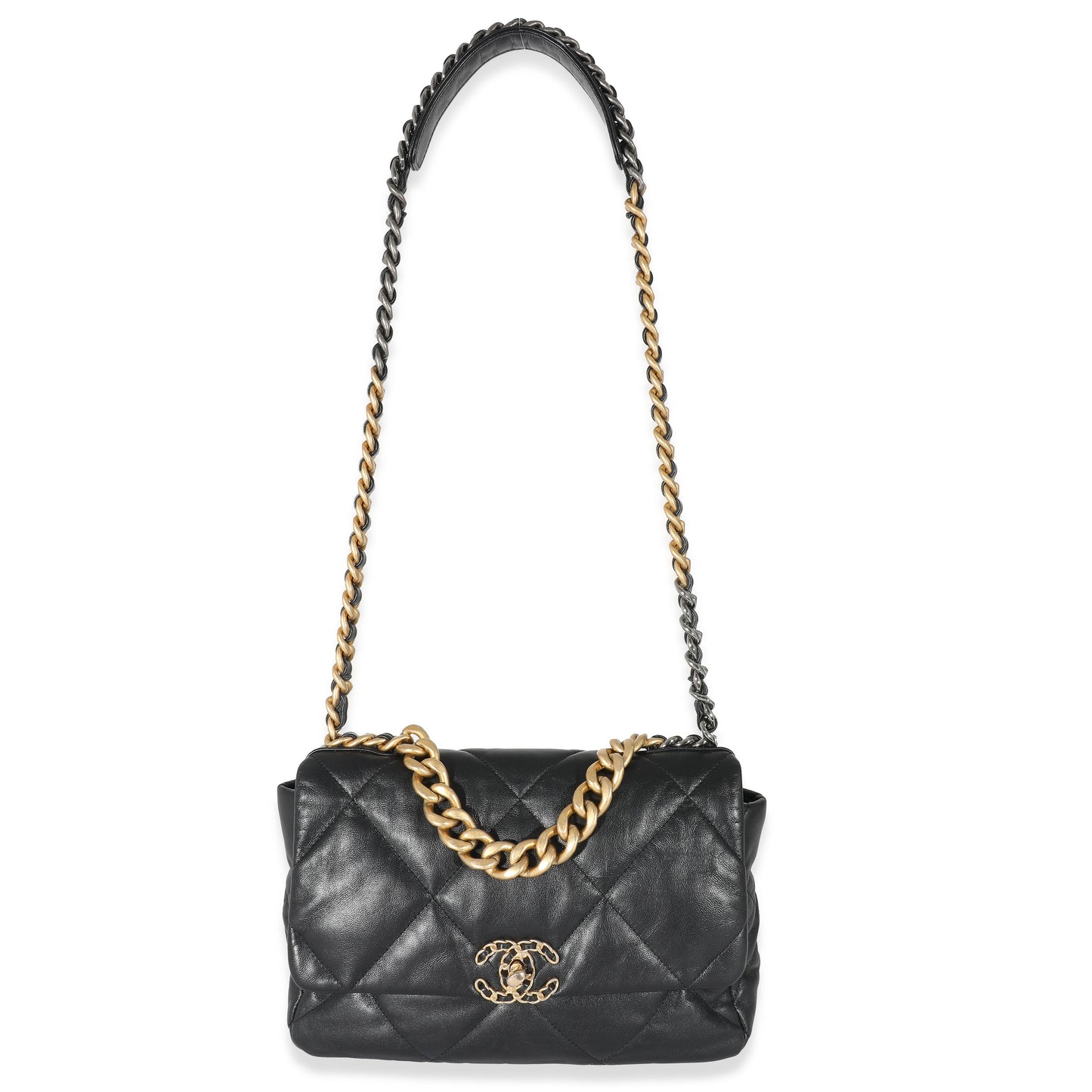 CHANEL Black Shiny Lambskin 19 Flap Bag