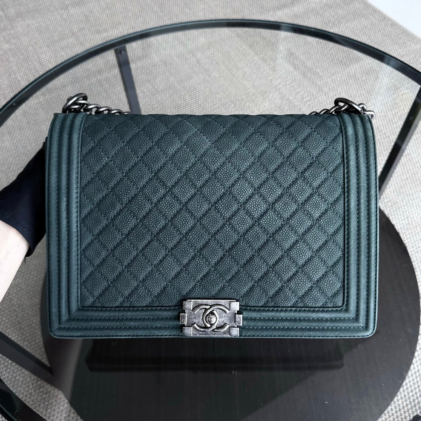 Chanel Boy Large - 30CM Quilted Caviar Green Silver Hardware Series 18