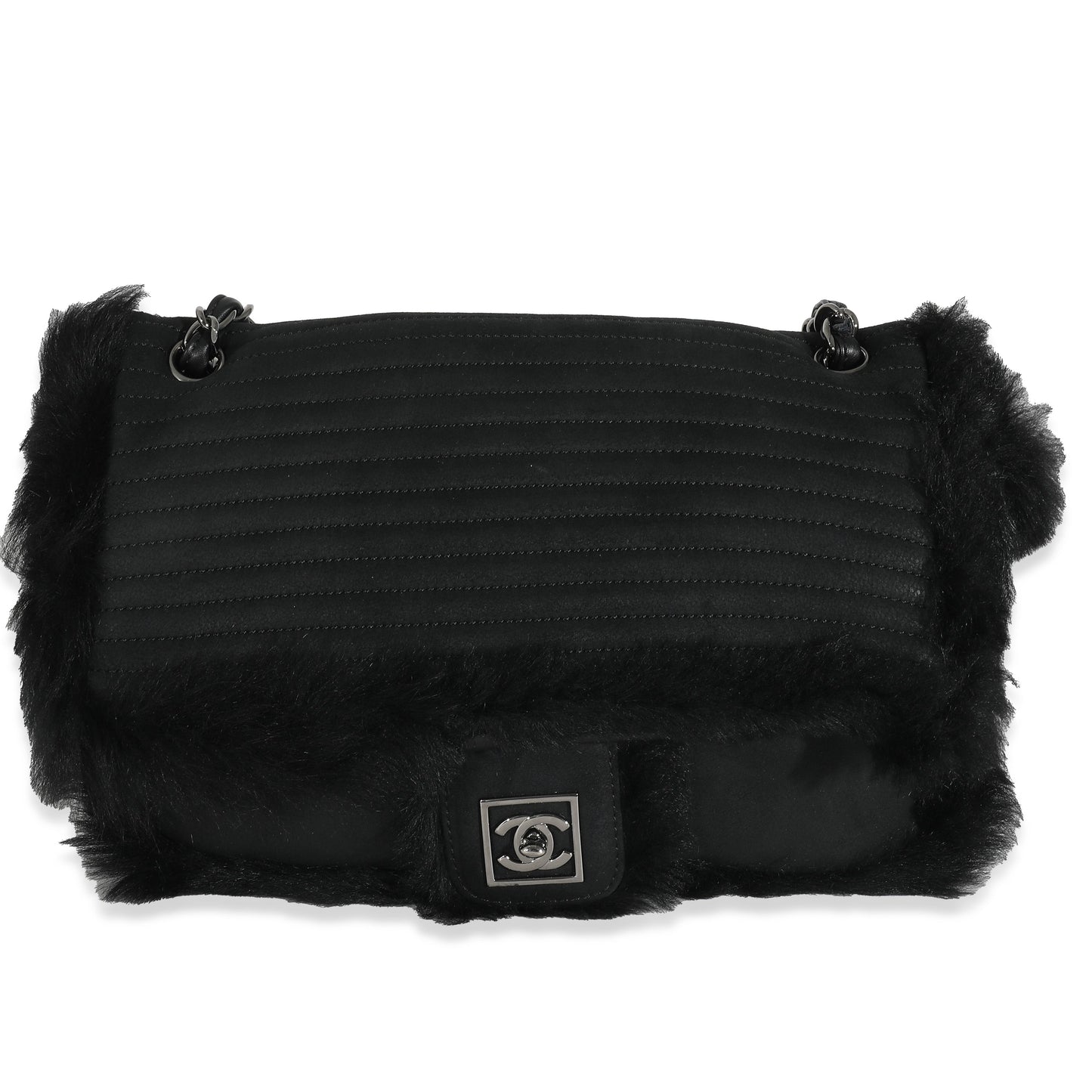 CHANEL Black Horizontal Stitch Shearling CC Flap Bag