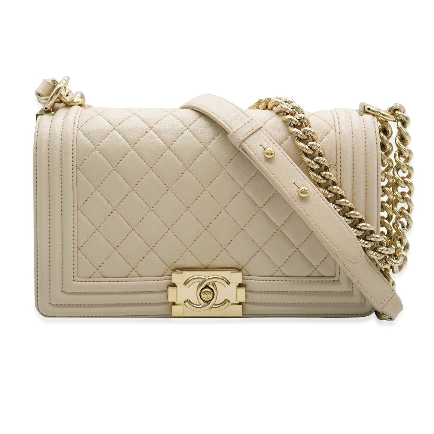 CHANEL Beige Quilted Lambskin Medium Boy Bag