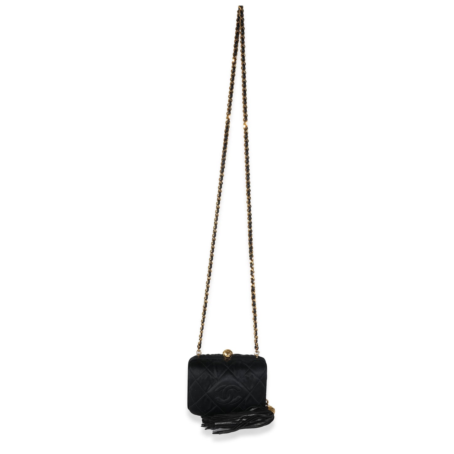 CHANEL Black Quilted Satin CC Tassel Box Clutch