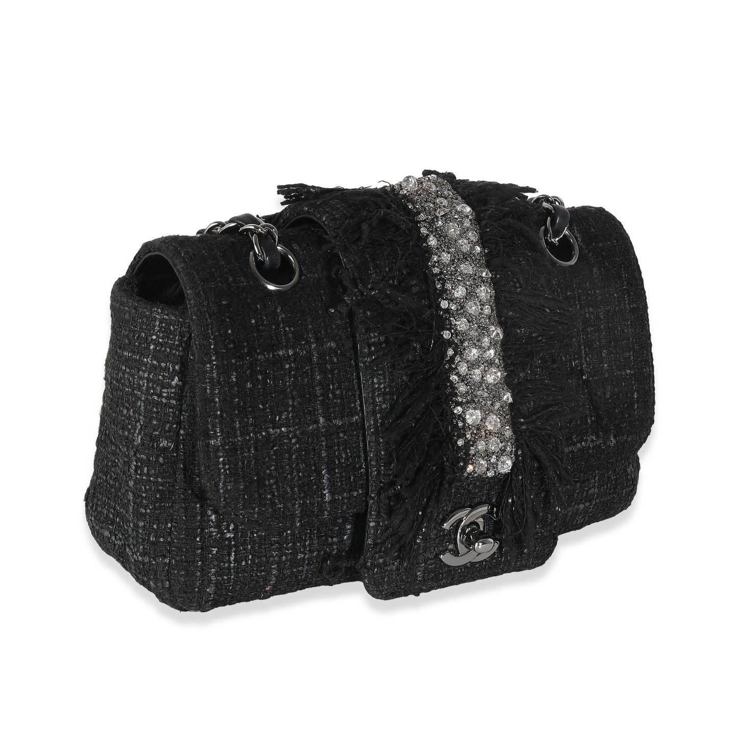 CHANEL Black Tweed Swarovski Fringe Flap Bag