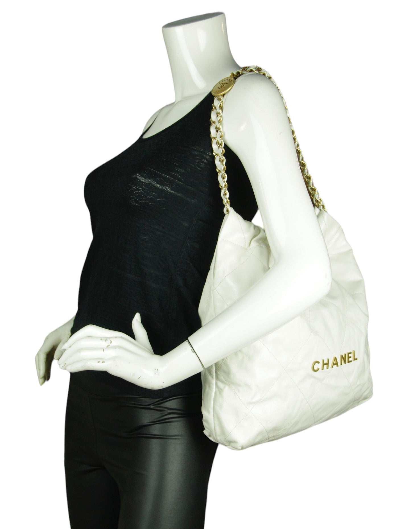 Chanel White Leather Quilted Chanel 22 Tote