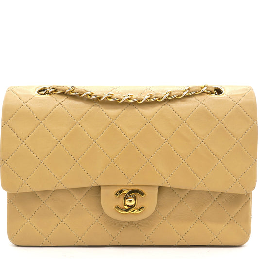 Chanel Beige Quilted Lambskin Leather Medium Classic Double Flap Shoulder Bag