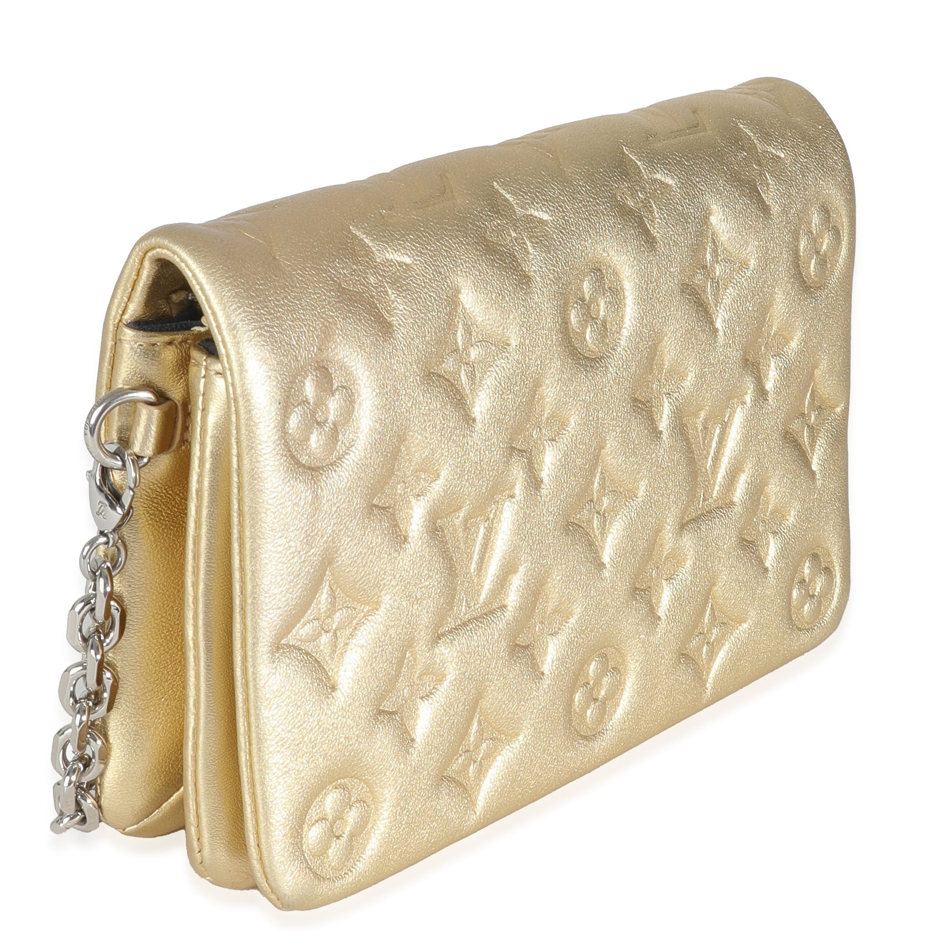  Louis Vuitton Gold Metallic Lambskin Embossed Monogram Pochette Coussin