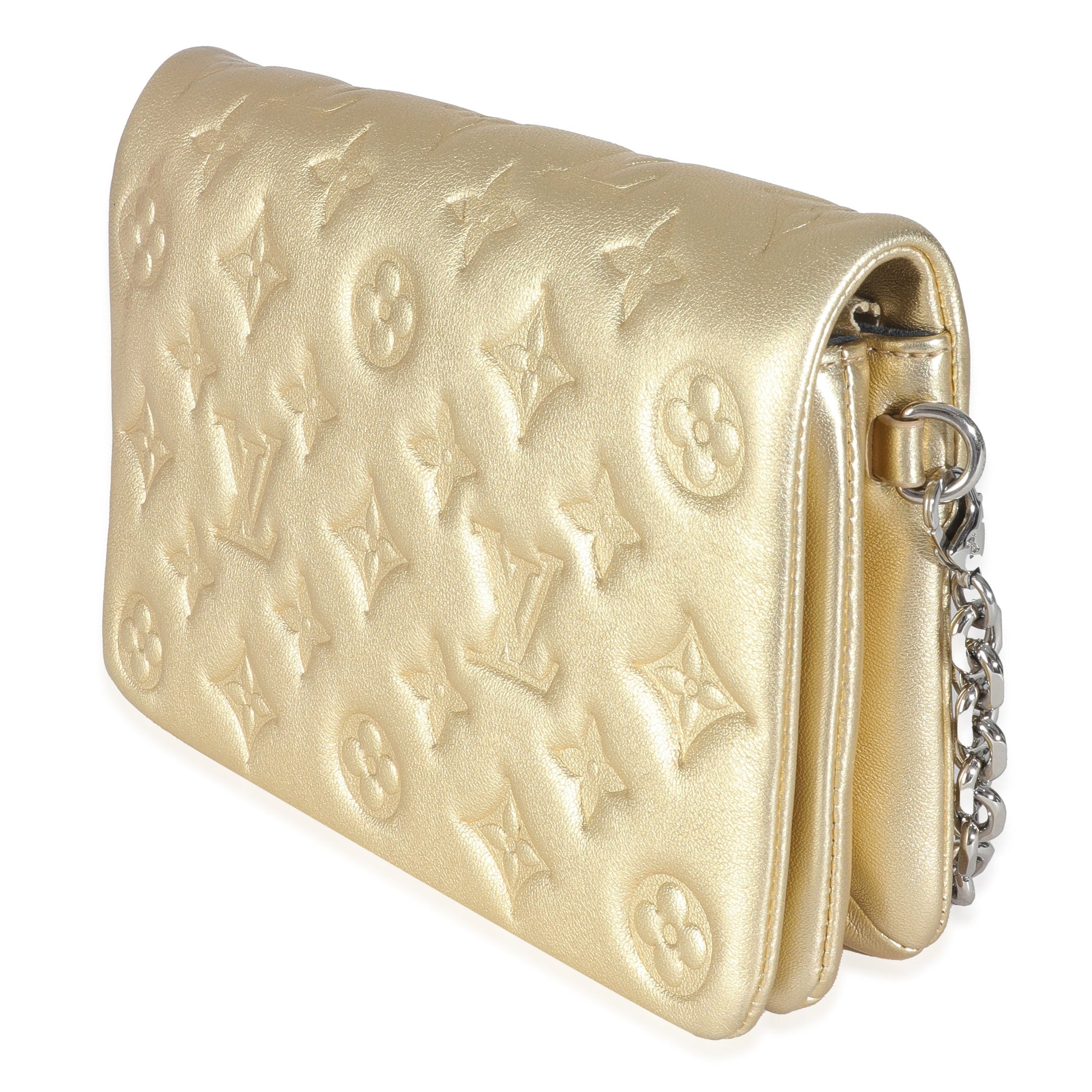  Louis Vuitton Gold Metallic Lambskin Embossed Monogram Pochette Coussin