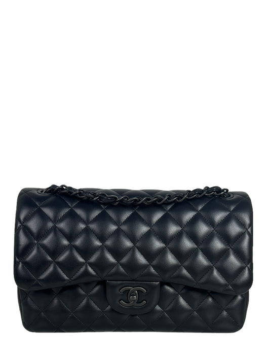Chanel SO Black Lambskin Leather Quilted Classic Double Flap Jumbo Bag