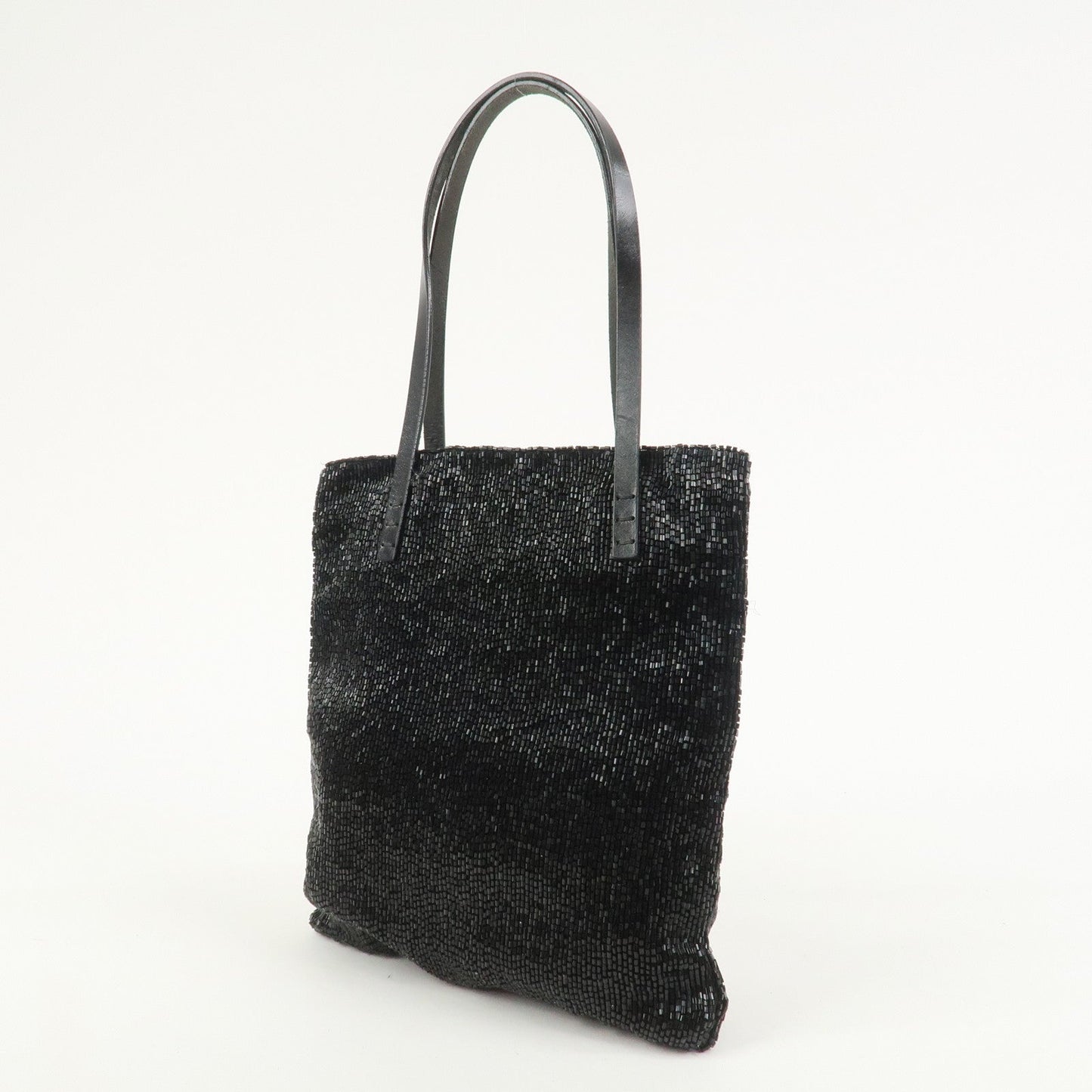 FENDI Logo Beads Leather Hand Bag Tote Bag Black