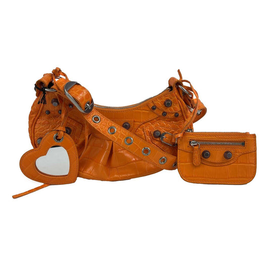 BALENCIAGA Orange Le Cagole XS Shoulder Bag Crocodile Embossed Studded Crossbody
