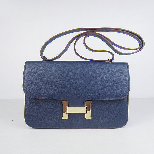 Luxury Hermes Calf Leather Message Bag Dark Blue Golden