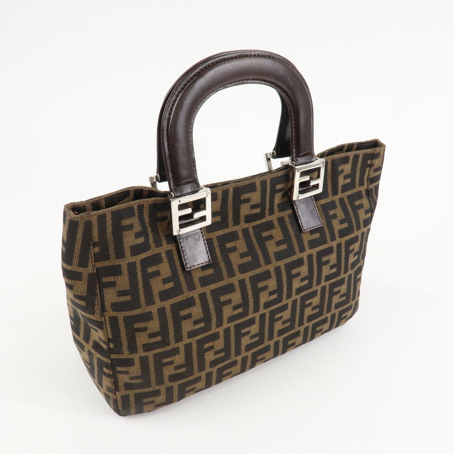 FENDI Zucca Canvas Leather Tote Bag Hand Bag Black Brown 26693