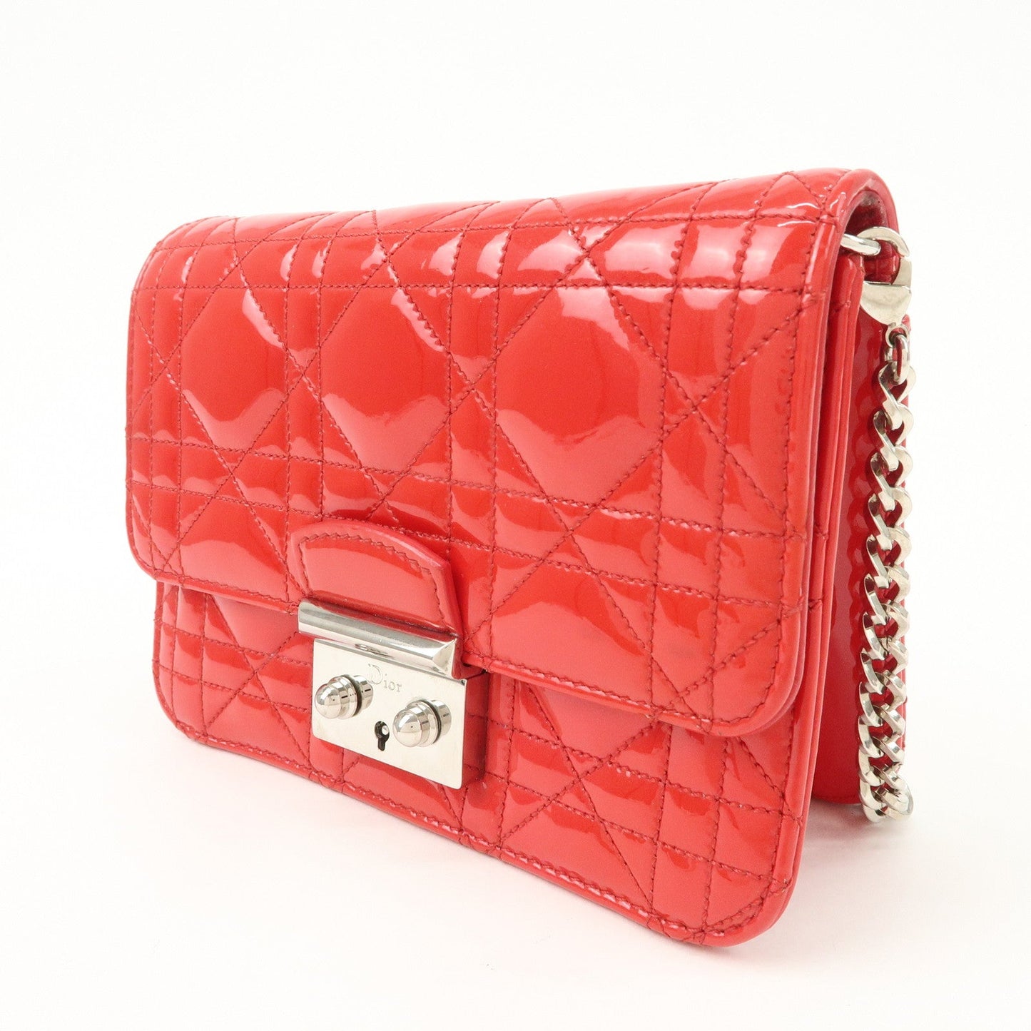 Christian Dior Cannage Patent Leather Chain Shoulder Bag COW Red