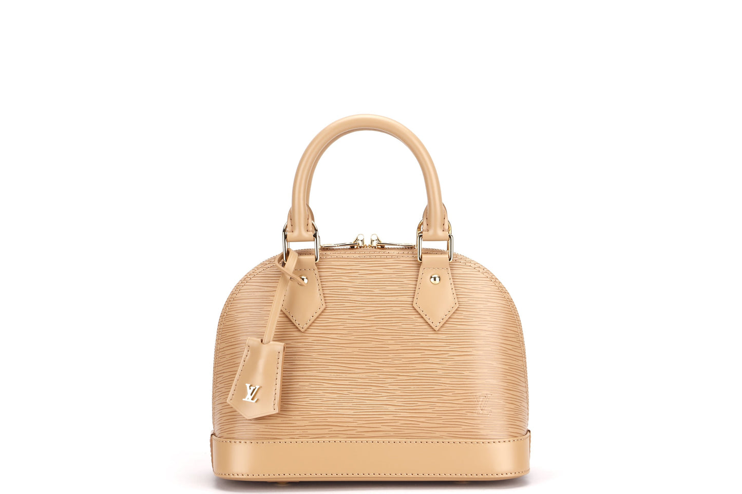 LOUIS VUITTON ALMA BB, CAMEL COLOR EPI LEATHER, WITH STRAP, KEYS, LOCK, DUST COVER & BOX Handbag