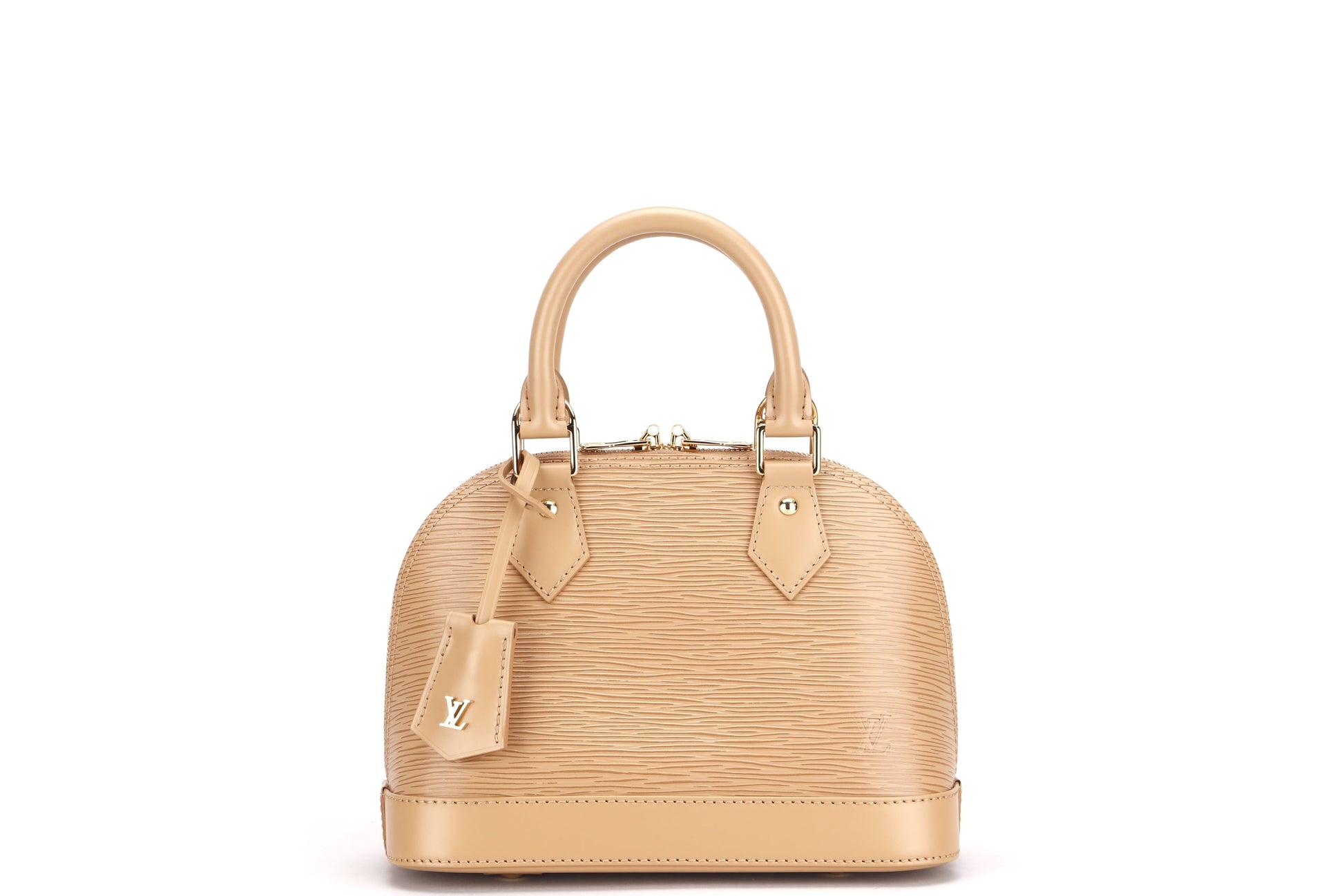 LOUIS VUITTON ALMA BB, CAMEL COLOR EPI LEATHER, WITH STRAP, KEYS, LOCK, DUST COVER & BOX Handbag