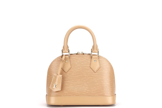 LOUIS VUITTON ALMA BB, CAMEL COLOR EPI LEATHER, WITH STRAP, KEYS, LOCK, DUST COVER & BOX Handbag
