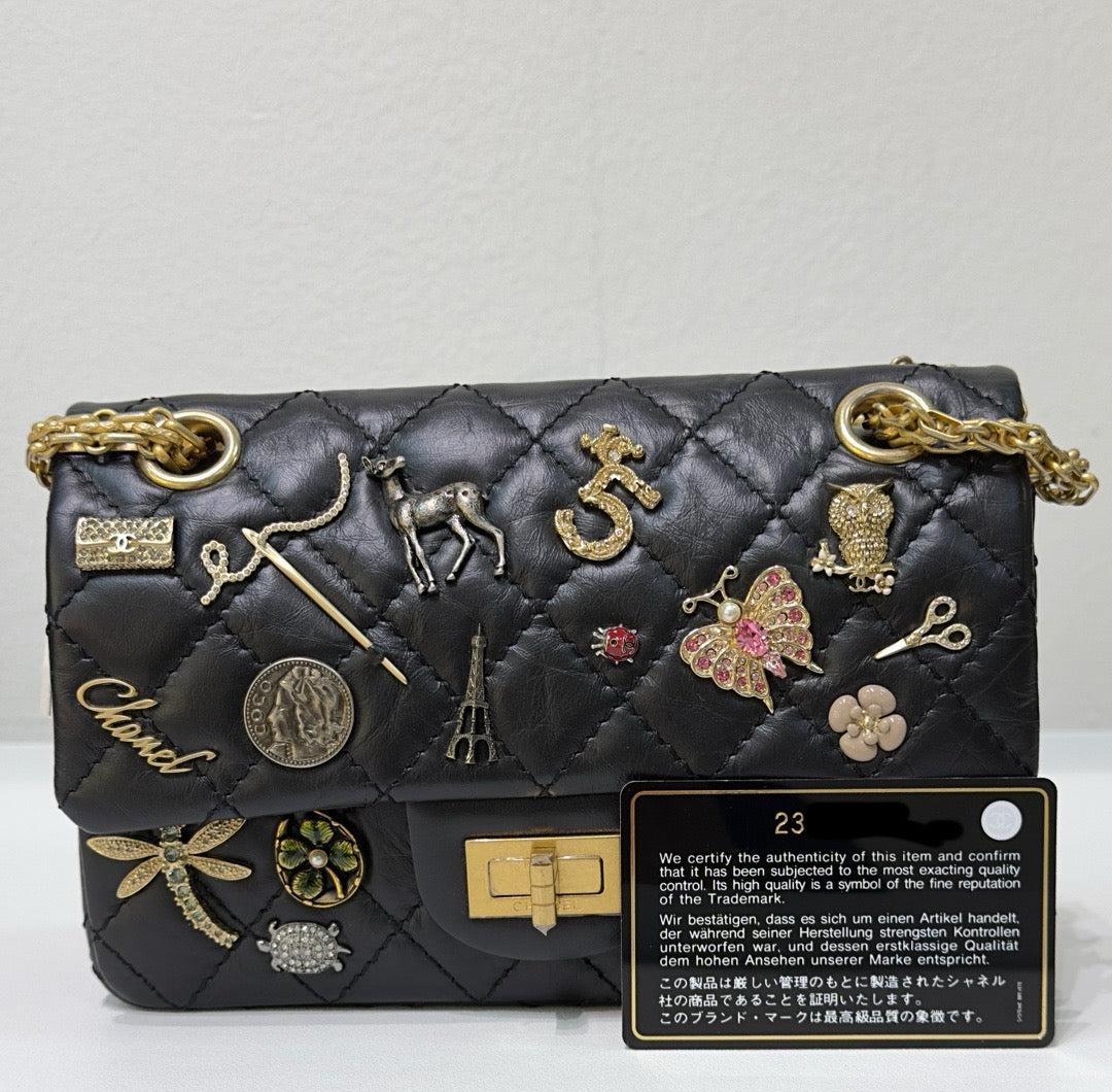 Chanel Black Quilted Aged Leather Lucky Charms Reissue 2 55 Classic 224 Flap Bag