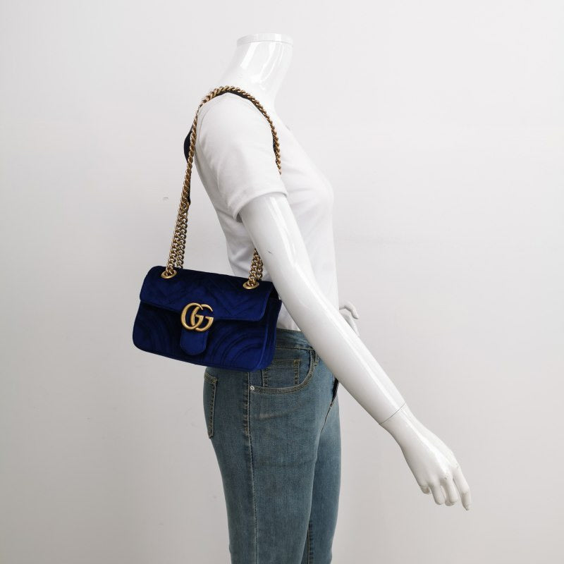 Gucci Marmont Mini Flap Navy Velvet Handbag