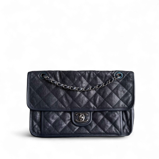 Chanel French Riviera Jumbo - Caviar Quilted Dark Blue Silver Hardware Series 20