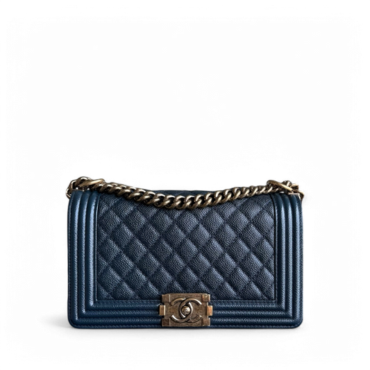 Chanel Boy Medium - Caviar 25CM Quilted Dark Blue Ruthenium Gold Hardware Series 19
