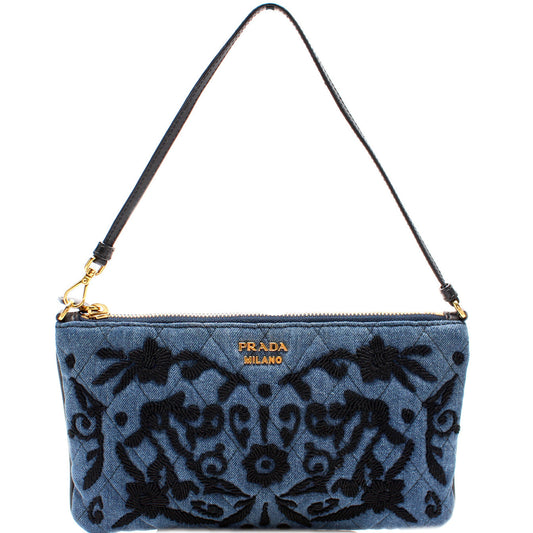 Prada Denim Embroidered Wristlet Bag